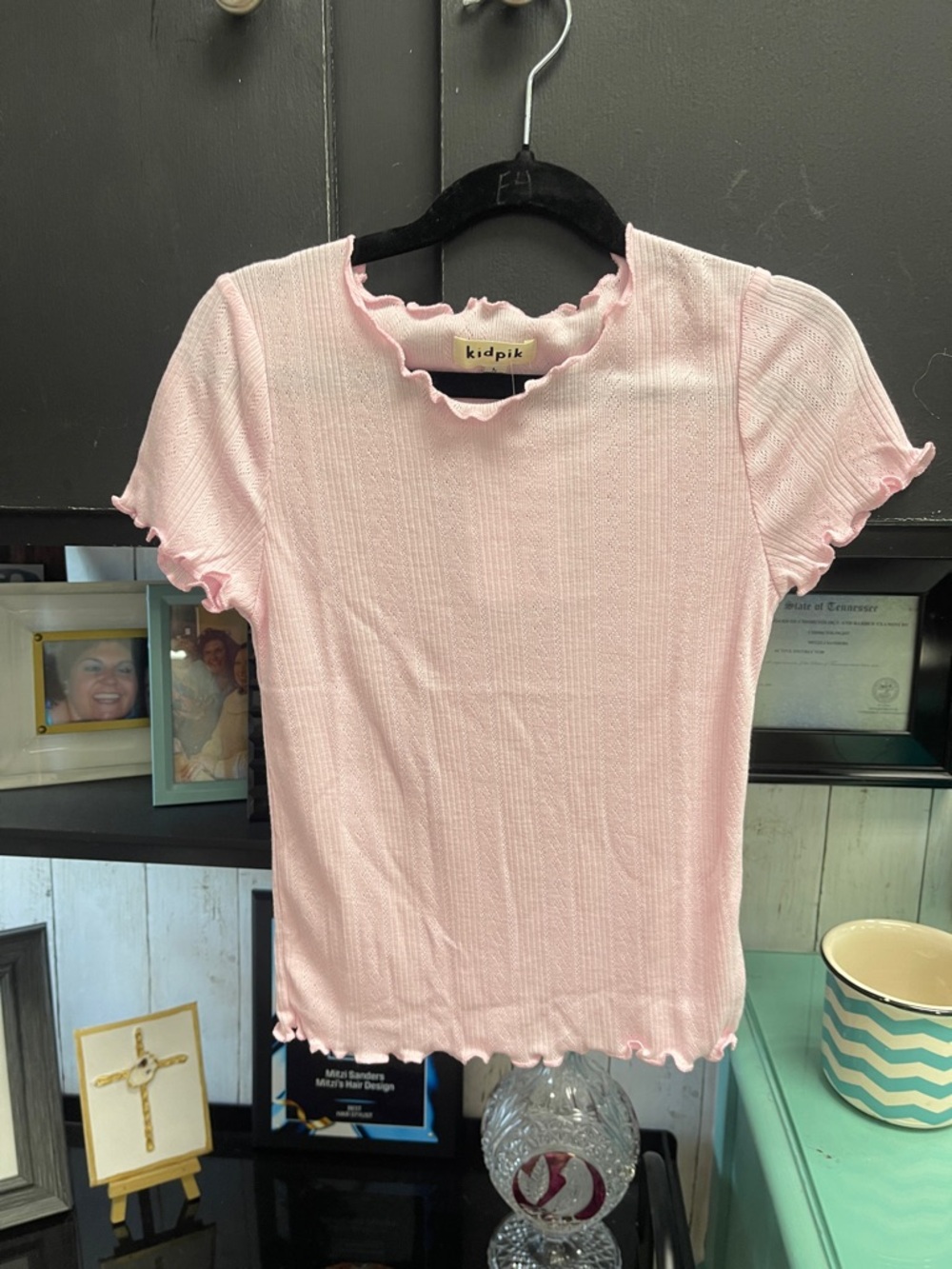 kidpik Light Pink Ribbed Lettuce-Edge Short Sleeve Top